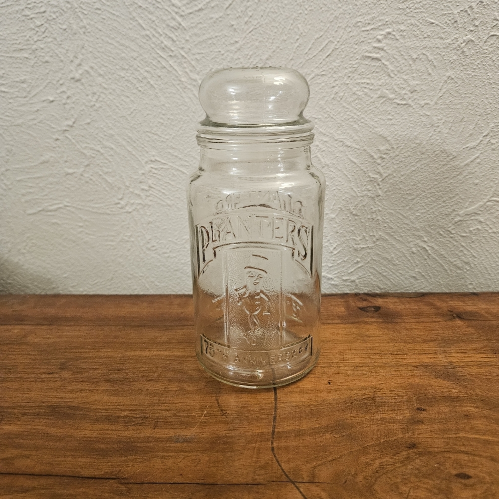 Vtg 1981 75th‎ Anniversary Planters Mr. Peanut Glass Jar w/ Lid Cannister Promo